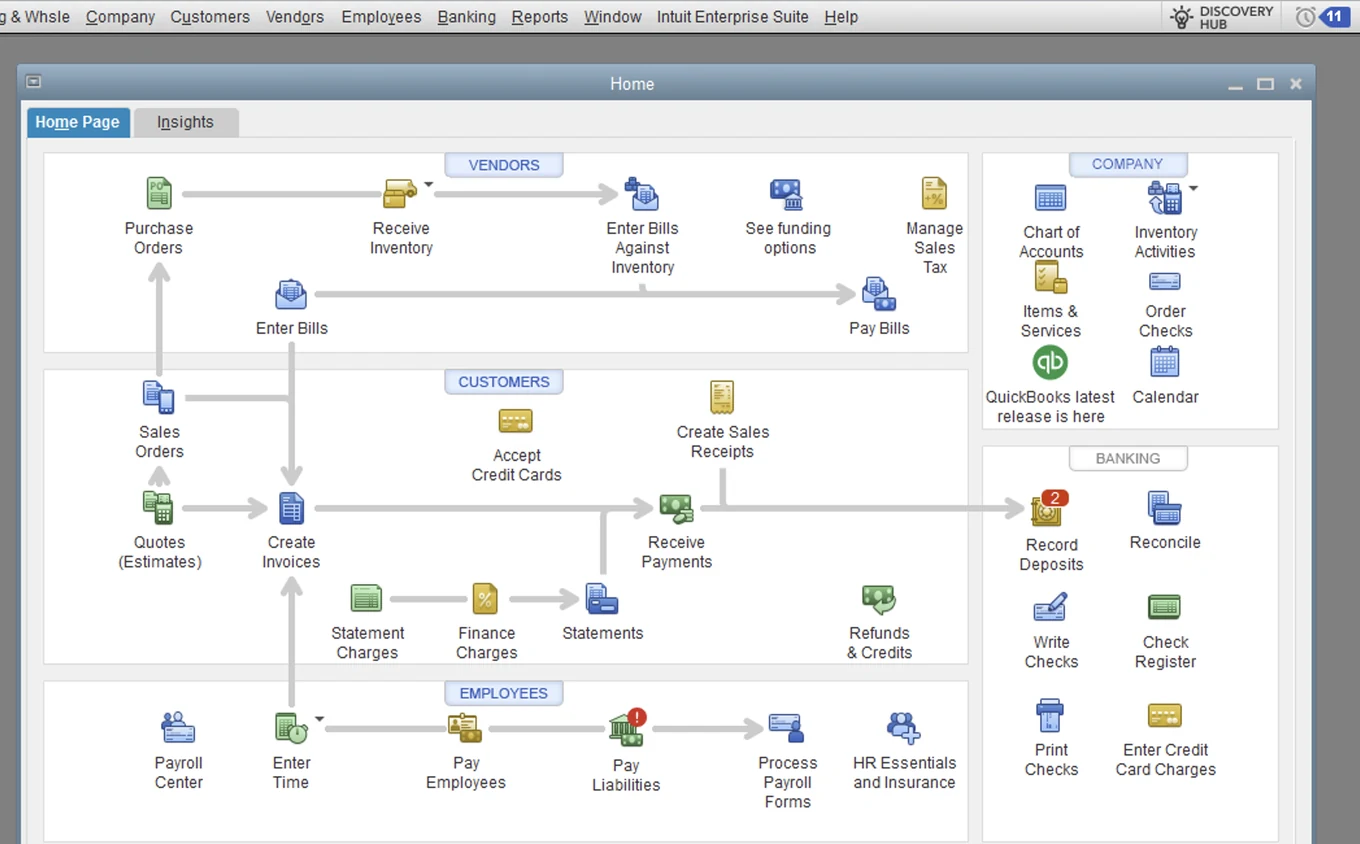 QuickBooks Desktop Enterprise: the Home Page workflow map, under the menu bar